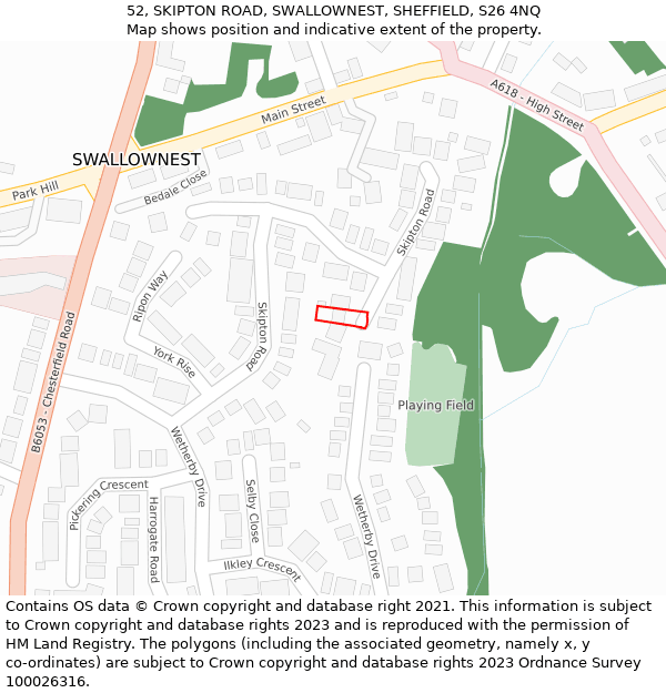 52, SKIPTON ROAD, SWALLOWNEST, SHEFFIELD, S26 4NQ: Location map and indicative extent of plot