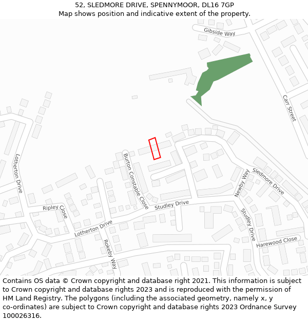 52, SLEDMORE DRIVE, SPENNYMOOR, DL16 7GP: Location map and indicative extent of plot