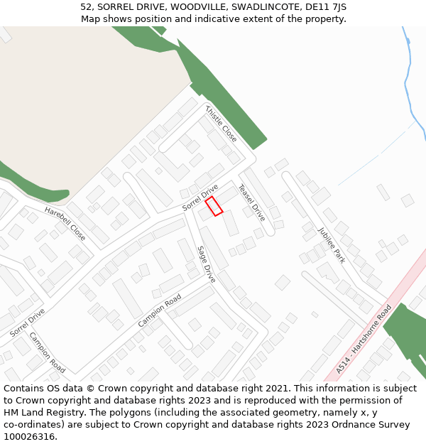 52, SORREL DRIVE, WOODVILLE, SWADLINCOTE, DE11 7JS: Location map and indicative extent of plot