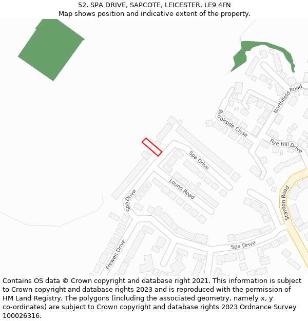 52, SPA DRIVE, SAPCOTE, LEICESTER, LE9 4FN: Location map and indicative extent of plot