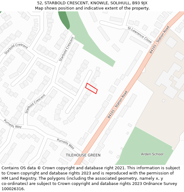 52, STARBOLD CRESCENT, KNOWLE, SOLIHULL, B93 9JX: Location map and indicative extent of plot