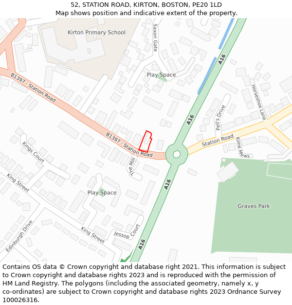 52, STATION ROAD, KIRTON, BOSTON, PE20 1LD: Location map and indicative extent of plot