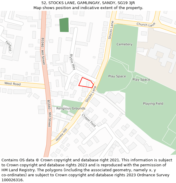 52, STOCKS LANE, GAMLINGAY, SANDY, SG19 3JR: Location map and indicative extent of plot