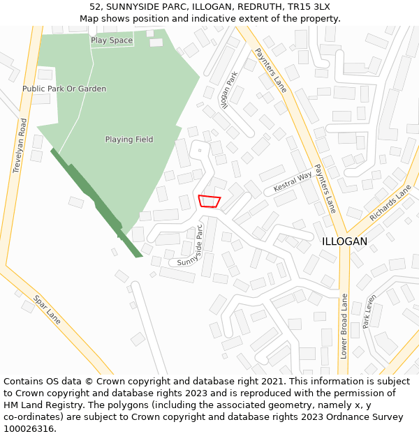 52, SUNNYSIDE PARC, ILLOGAN, REDRUTH, TR15 3LX: Location map and indicative extent of plot