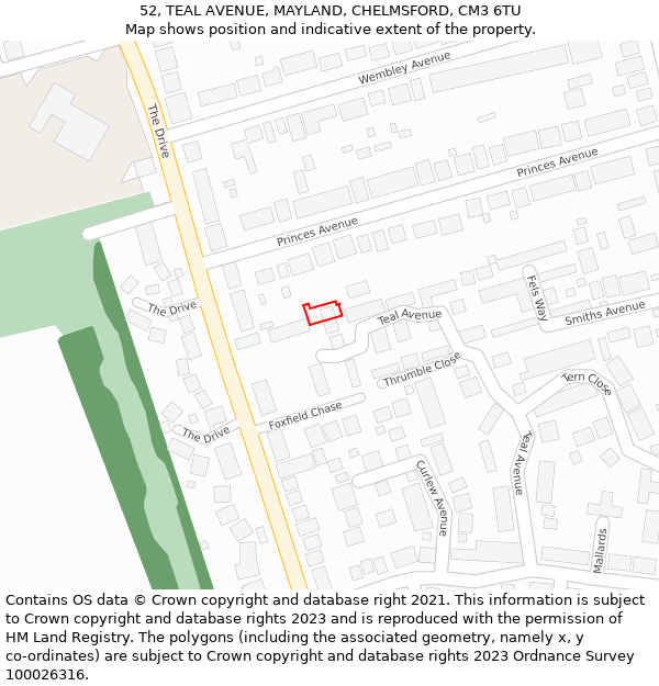 52, TEAL AVENUE, MAYLAND, CHELMSFORD, CM3 6TU: Location map and indicative extent of plot