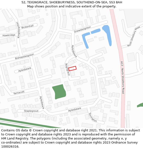 52, TEIGNGRACE, SHOEBURYNESS, SOUTHEND-ON-SEA, SS3 8AH: Location map and indicative extent of plot