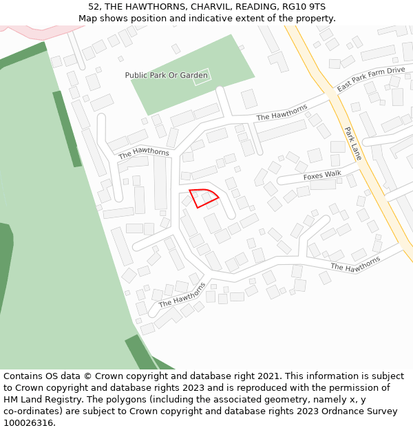 52, THE HAWTHORNS, CHARVIL, READING, RG10 9TS: Location map and indicative extent of plot