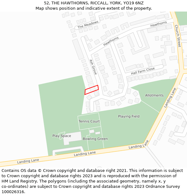 52, THE HAWTHORNS, RICCALL, YORK, YO19 6NZ: Location map and indicative extent of plot