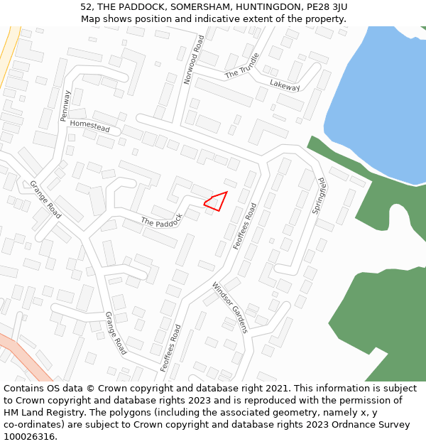 52, THE PADDOCK, SOMERSHAM, HUNTINGDON, PE28 3JU: Location map and indicative extent of plot