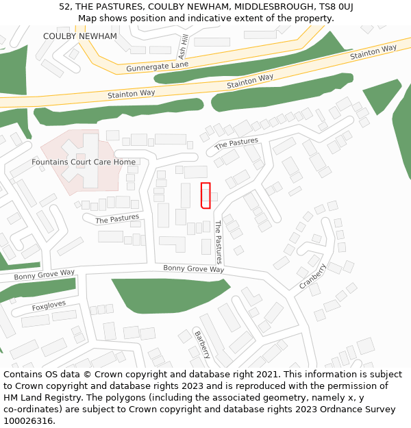 52, THE PASTURES, COULBY NEWHAM, MIDDLESBROUGH, TS8 0UJ: Location map and indicative extent of plot