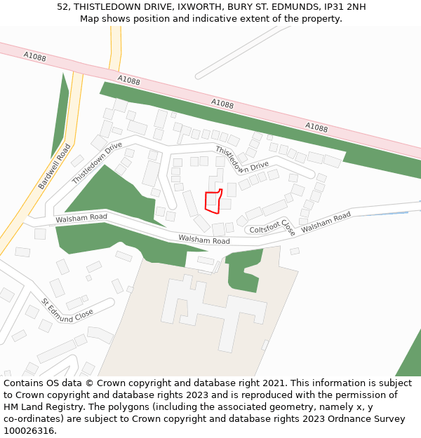 52, THISTLEDOWN DRIVE, IXWORTH, BURY ST. EDMUNDS, IP31 2NH: Location map and indicative extent of plot