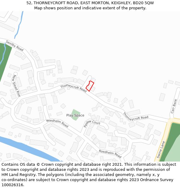 52, THORNEYCROFT ROAD, EAST MORTON, KEIGHLEY, BD20 5QW: Location map and indicative extent of plot