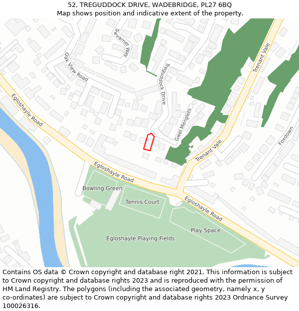 52, TREGUDDOCK DRIVE, WADEBRIDGE, PL27 6BQ: Location map and indicative extent of plot