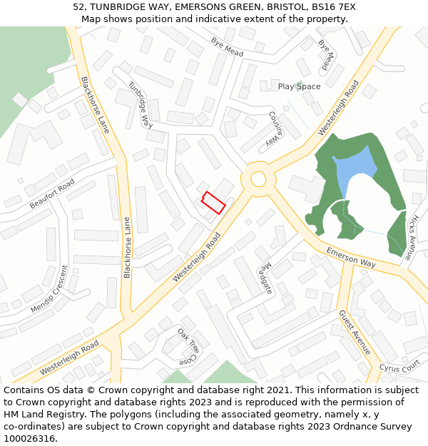 52, TUNBRIDGE WAY, EMERSONS GREEN, BRISTOL, BS16 7EX: Location map and indicative extent of plot