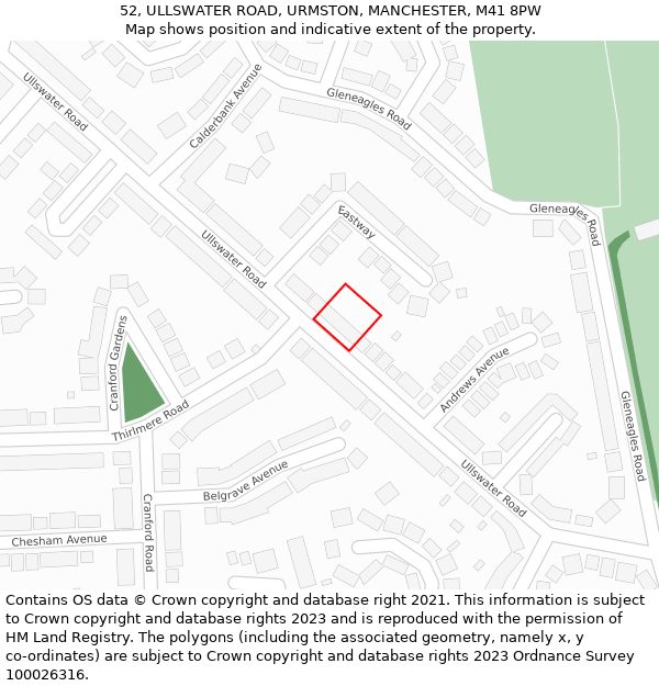 52, ULLSWATER ROAD, URMSTON, MANCHESTER, M41 8PW: Location map and indicative extent of plot