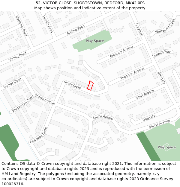 52, VICTOR CLOSE, SHORTSTOWN, BEDFORD, MK42 0FS: Location map and indicative extent of plot