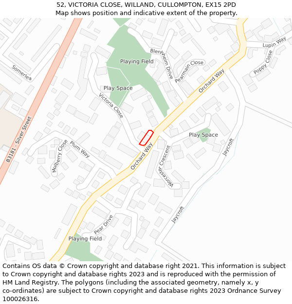 52, VICTORIA CLOSE, WILLAND, CULLOMPTON, EX15 2PD: Location map and indicative extent of plot