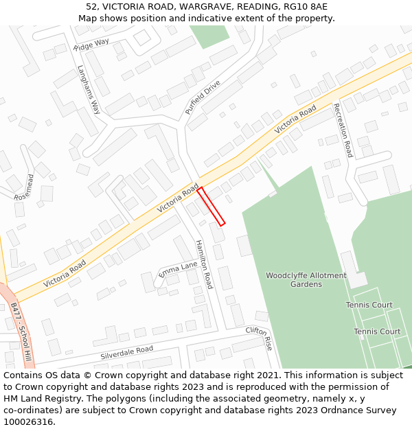 52, VICTORIA ROAD, WARGRAVE, READING, RG10 8AE: Location map and indicative extent of plot