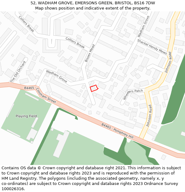 52, WADHAM GROVE, EMERSONS GREEN, BRISTOL, BS16 7DW: Location map and indicative extent of plot