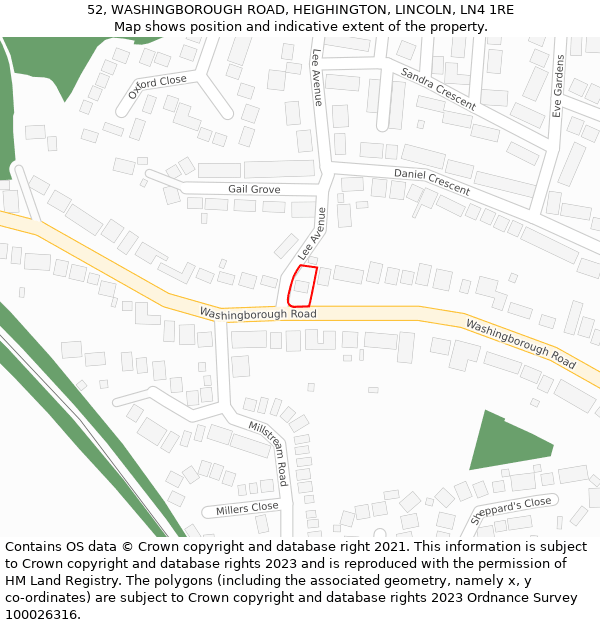 52, WASHINGBOROUGH ROAD, HEIGHINGTON, LINCOLN, LN4 1RE: Location map and indicative extent of plot