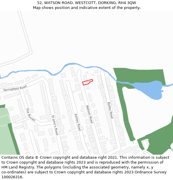 52, WATSON ROAD, WESTCOTT, DORKING, RH4 3QW: Location map and indicative extent of plot
