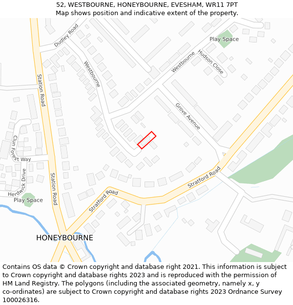 52, WESTBOURNE, HONEYBOURNE, EVESHAM, WR11 7PT: Location map and indicative extent of plot