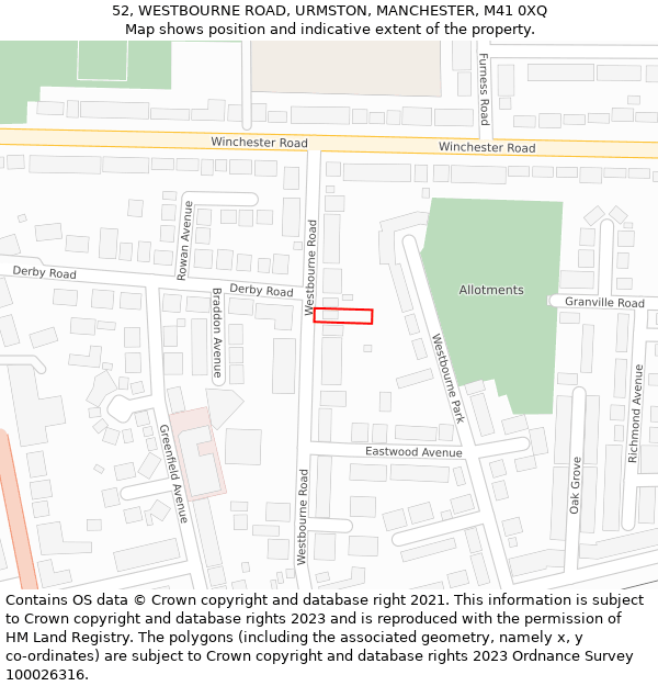 52, WESTBOURNE ROAD, URMSTON, MANCHESTER, M41 0XQ: Location map and indicative extent of plot