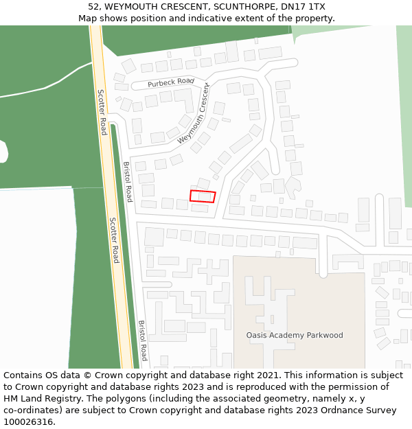 52, WEYMOUTH CRESCENT, SCUNTHORPE, DN17 1TX: Location map and indicative extent of plot