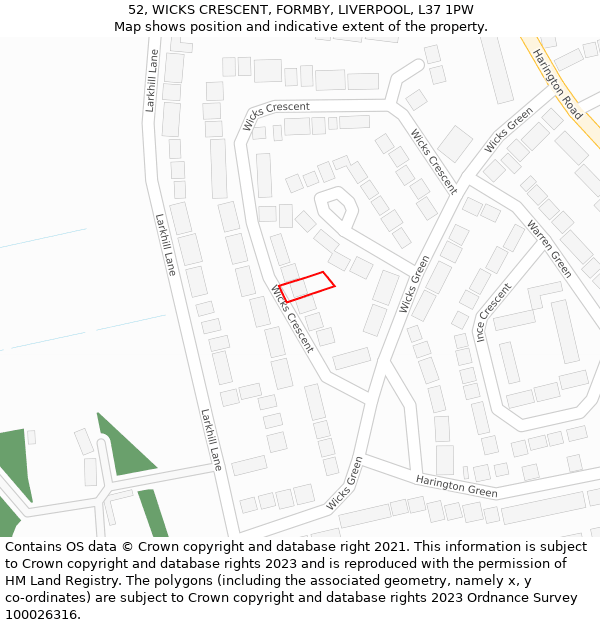 52, WICKS CRESCENT, FORMBY, LIVERPOOL, L37 1PW: Location map and indicative extent of plot