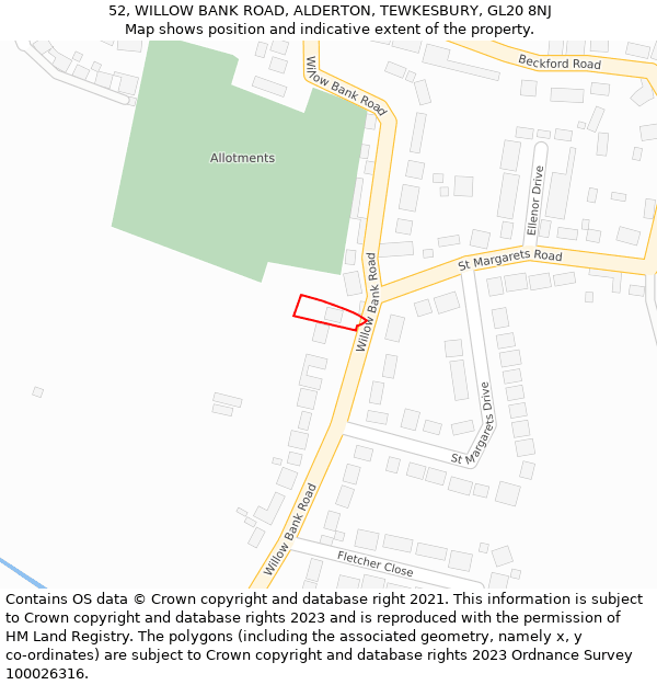 52, WILLOW BANK ROAD, ALDERTON, TEWKESBURY, GL20 8NJ: Location map and indicative extent of plot
