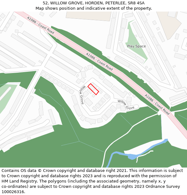 52, WILLOW GROVE, HORDEN, PETERLEE, SR8 4SA: Location map and indicative extent of plot