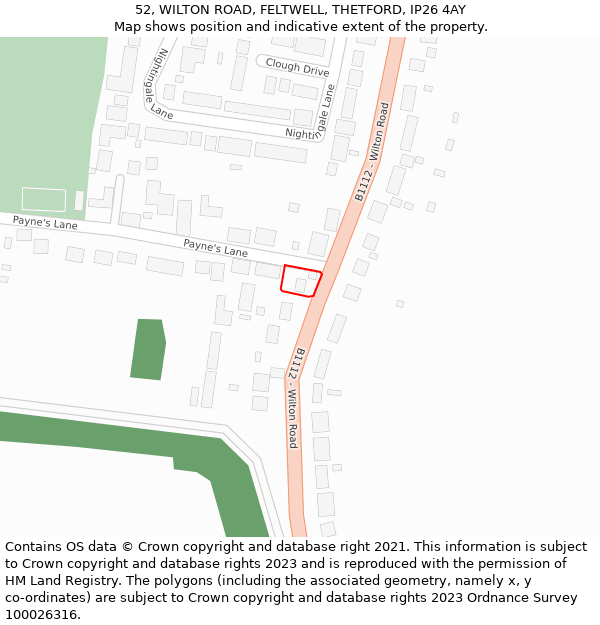 52, WILTON ROAD, FELTWELL, THETFORD, IP26 4AY: Location map and indicative extent of plot