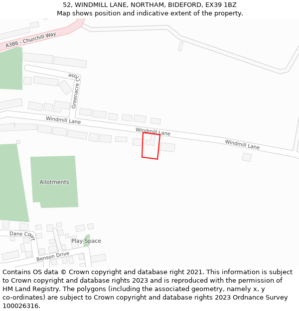52, WINDMILL LANE, NORTHAM, BIDEFORD, EX39 1BZ: Location map and indicative extent of plot