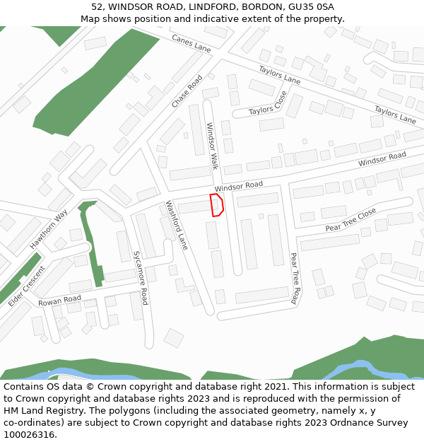 52, WINDSOR ROAD, LINDFORD, BORDON, GU35 0SA: Location map and indicative extent of plot