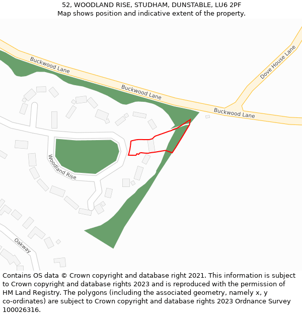 52, WOODLAND RISE, STUDHAM, DUNSTABLE, LU6 2PF: Location map and indicative extent of plot