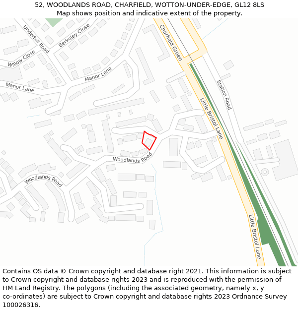 52, WOODLANDS ROAD, CHARFIELD, WOTTON-UNDER-EDGE, GL12 8LS: Location map and indicative extent of plot