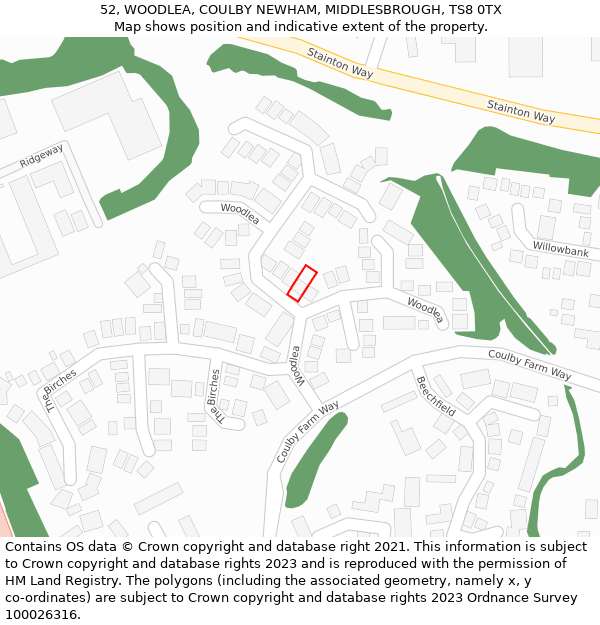 52, WOODLEA, COULBY NEWHAM, MIDDLESBROUGH, TS8 0TX: Location map and indicative extent of plot