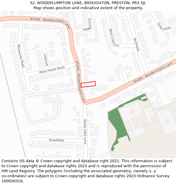 52, WOODPLUMPTON LANE, BROUGHTON, PRESTON, PR3 5JL: Location map and indicative extent of plot