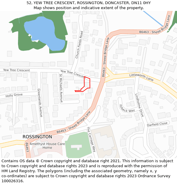 52, YEW TREE CRESCENT, ROSSINGTON, DONCASTER, DN11 0HY: Location map and indicative extent of plot
