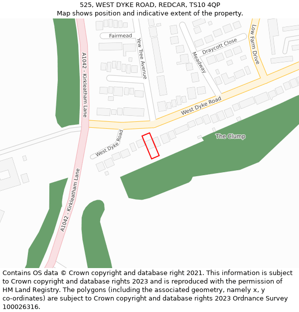 525, WEST DYKE ROAD, REDCAR, TS10 4QP: Location map and indicative extent of plot