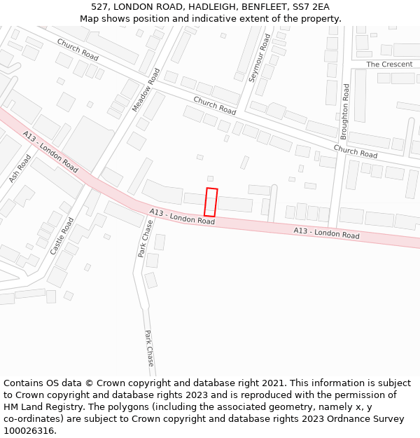 527, LONDON ROAD, HADLEIGH, BENFLEET, SS7 2EA: Location map and indicative extent of plot