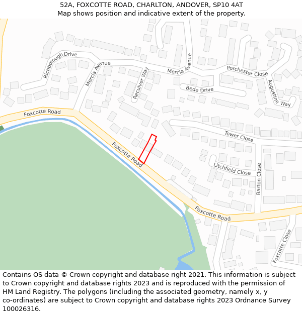 52A, FOXCOTTE ROAD, CHARLTON, ANDOVER, SP10 4AT: Location map and indicative extent of plot