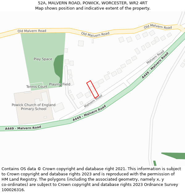 52A, MALVERN ROAD, POWICK, WORCESTER, WR2 4RT: Location map and indicative extent of plot