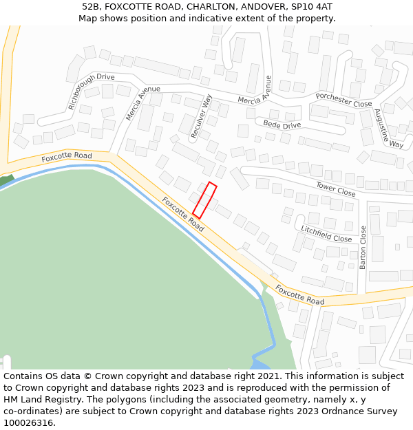 52B, FOXCOTTE ROAD, CHARLTON, ANDOVER, SP10 4AT: Location map and indicative extent of plot