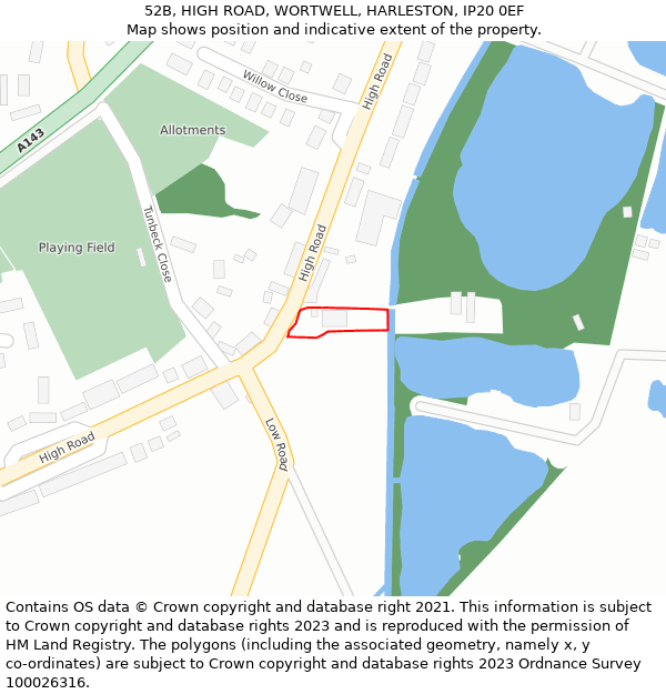 52B, HIGH ROAD, WORTWELL, HARLESTON, IP20 0EF: Location map and indicative extent of plot