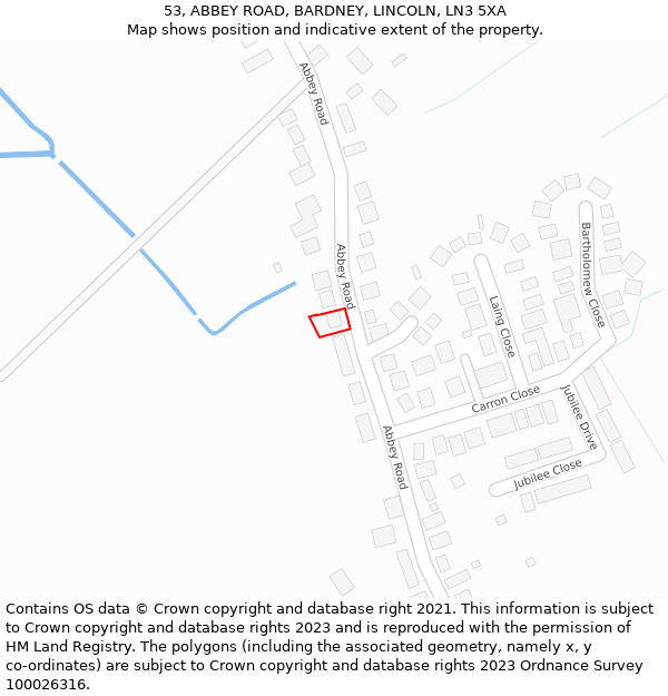 53, ABBEY ROAD, BARDNEY, LINCOLN, LN3 5XA: Location map and indicative extent of plot
