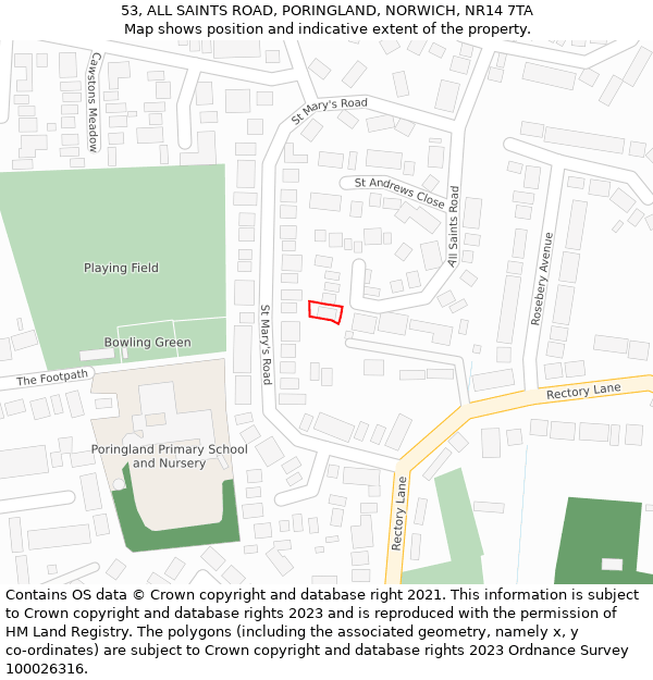 53, ALL SAINTS ROAD, PORINGLAND, NORWICH, NR14 7TA: Location map and indicative extent of plot