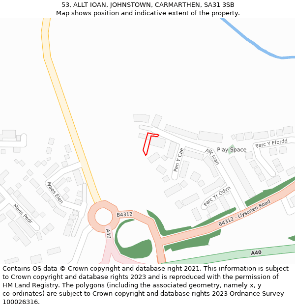 53, ALLT IOAN, JOHNSTOWN, CARMARTHEN, SA31 3SB: Location map and indicative extent of plot