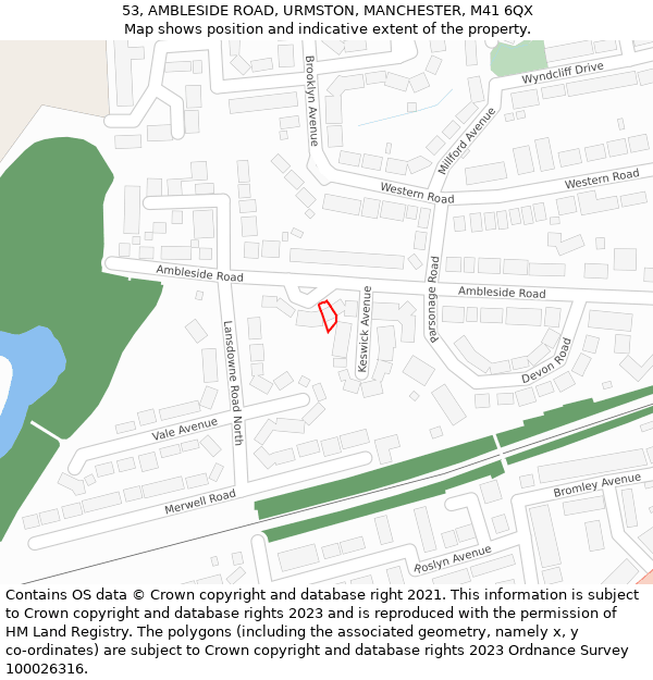 53, AMBLESIDE ROAD, URMSTON, MANCHESTER, M41 6QX: Location map and indicative extent of plot