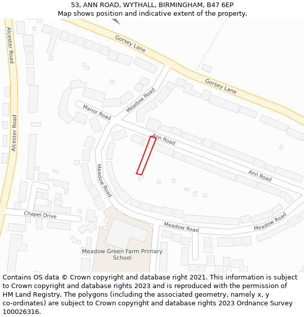 53, ANN ROAD, WYTHALL, BIRMINGHAM, B47 6EP: Location map and indicative extent of plot